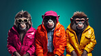 Monkeys wearing human clothes. Abstract art background copyspace concept.