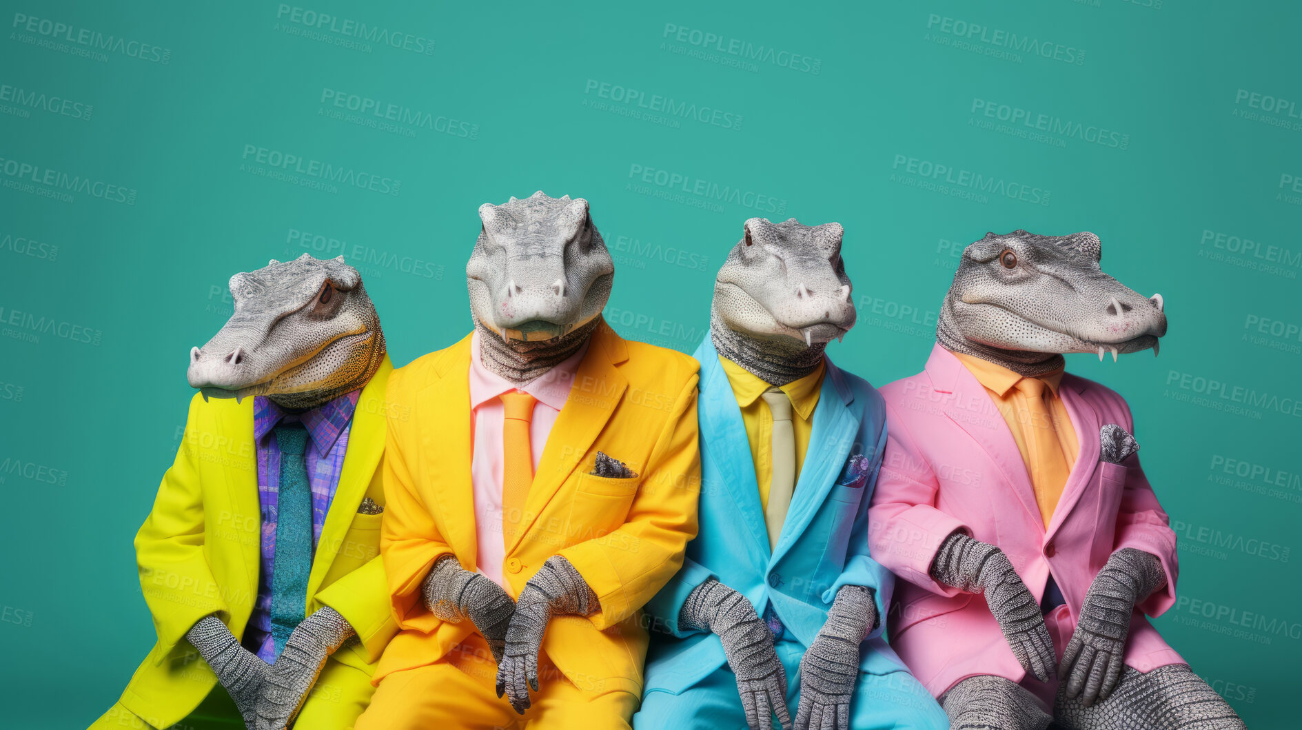 Buy stock photo Alligators wearing human clothes. Abstract art background copyspace concept.