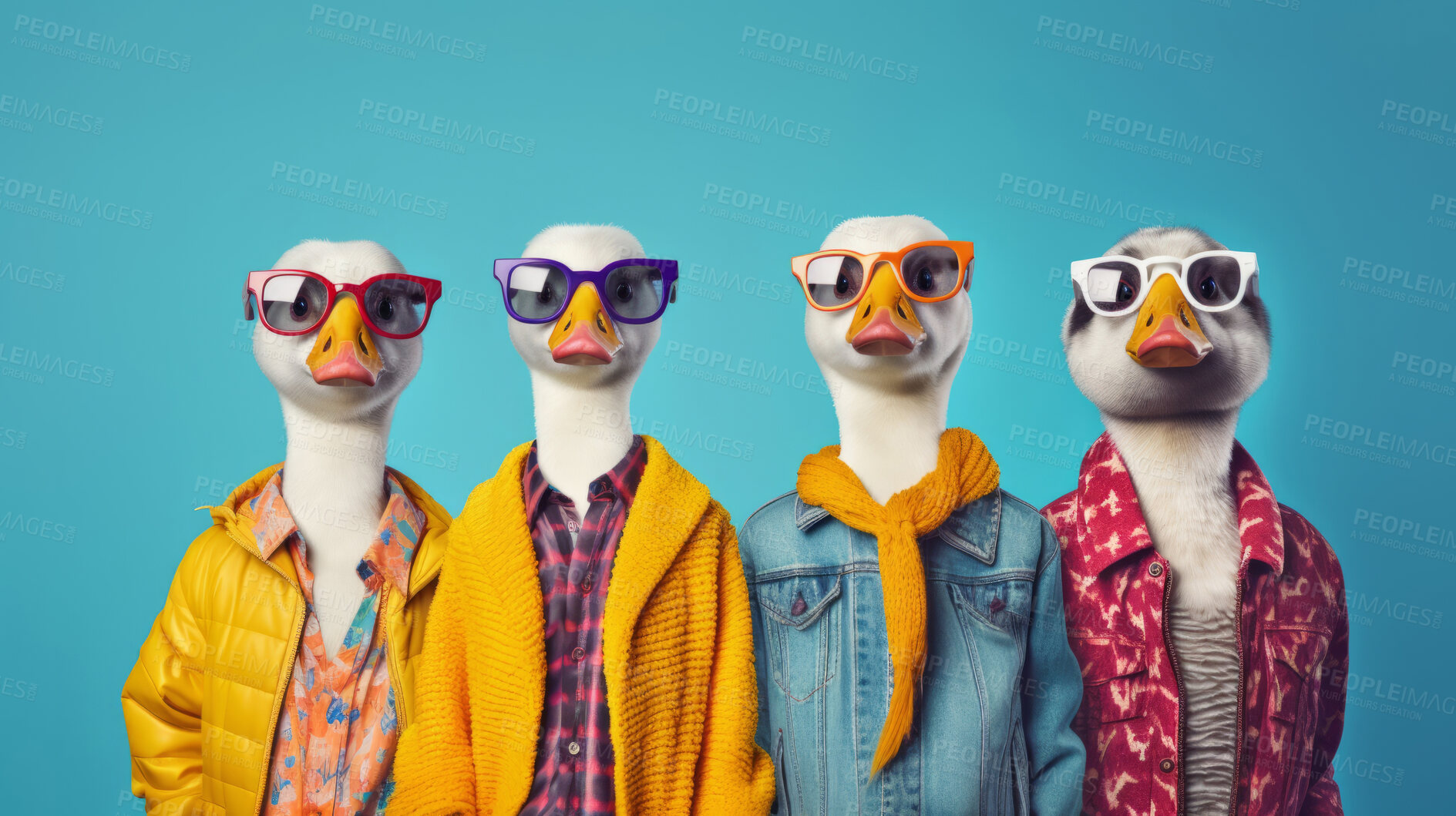 Buy stock photo Ducks wearing human clothes. Abstract art background copyspace concept.