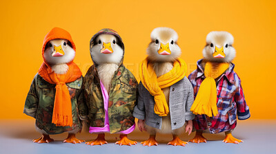 Ducks wearing human clothes. Abstract art background copyspace concept.