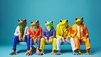 Frogs wearing human clothes. Abstract art background copyspace concept.