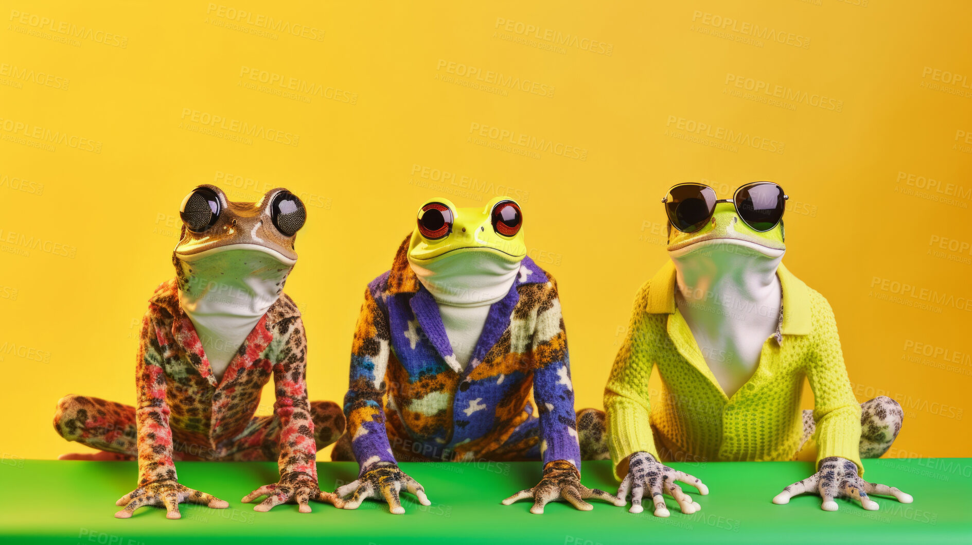 Buy stock photo Frogs wearing human clothes. Abstract art background copyspace concept.