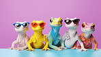 Geckos wearing human clothes. Abstract art background copyspace concept.