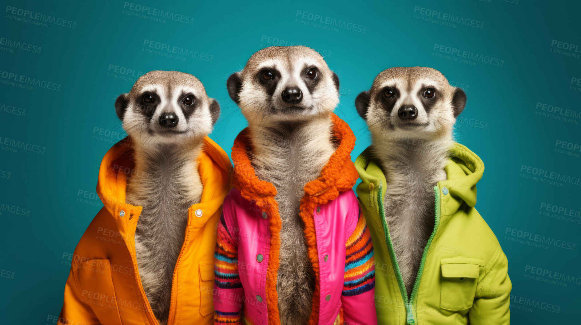 Buy stock photo Meerkat wearing human clothes. Abstract art background copyspace concept.