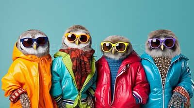 Owls wearing human clothes. Abstract art background copyspace concept.