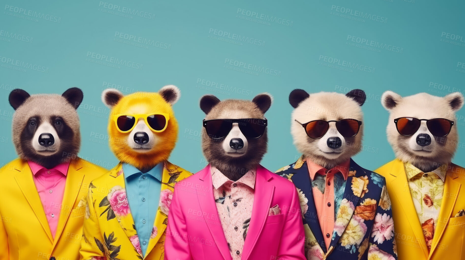 Buy stock photo Pandas wearing human clothes. Abstract art background copyspace concept.