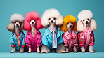 Poodles wearing human clothes. Abstract art background copyspace concept.