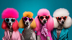 Poodles wearing human clothes. Abstract art background copyspace concept.