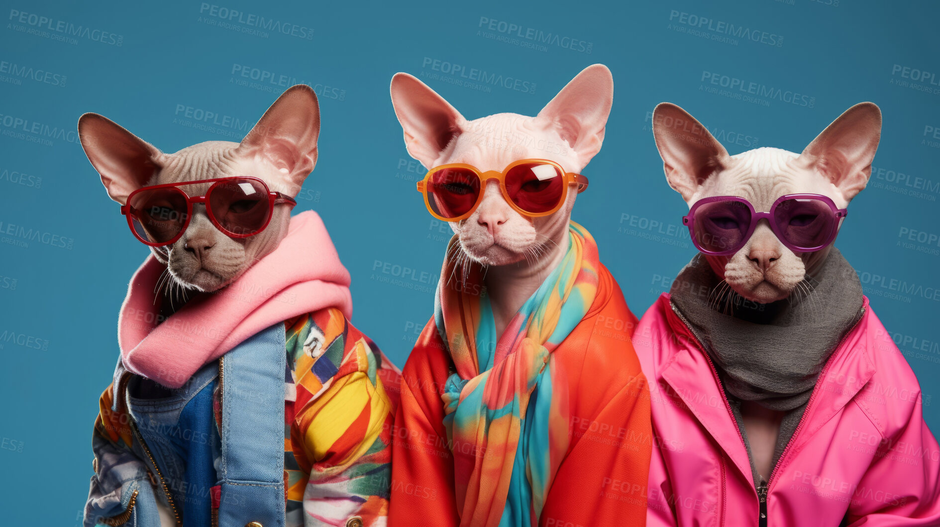 Buy stock photo Sphynx cat wearing human clothes. Abstract art background copyspace concept.