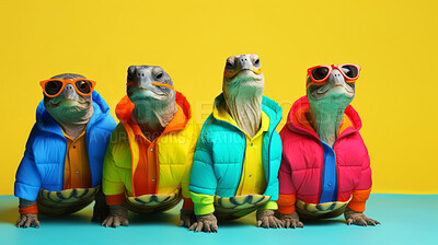 Turtles wearing human clothes. Abstract art background copyspace concept.