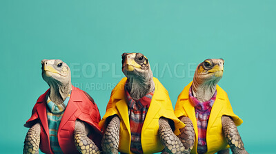 Turtles wearing human clothes. Abstract art background copyspace concept.