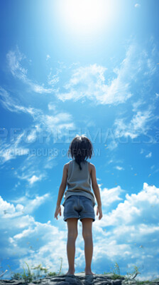 Buy stock photo Low angle vertical shot. Child looking at blue-sky. Freedom concept.