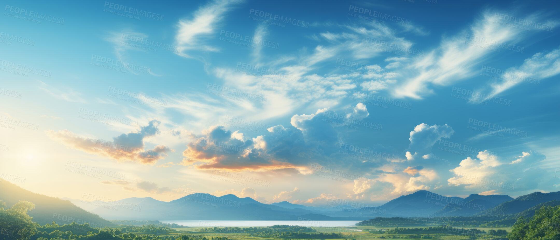 Buy stock photo Wide view of lake. Cloudy blue-sky. Background concept.