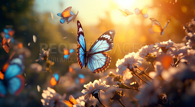 Wild flowers and butterfly in a meadow in nature. Beautiful sunset.