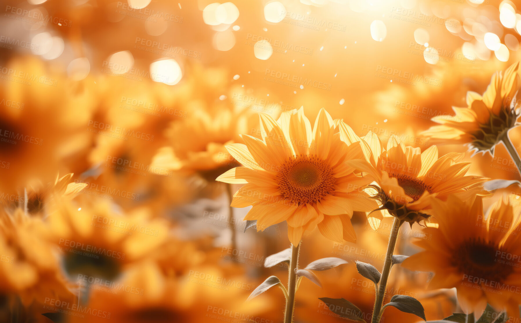 Buy stock photo Sunrise over field of blooming sunflowers. Warm colour. Bokeh effect in background.