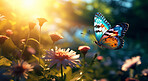 Wild flowers and butterfly in a meadow in nature. Beautiful sunset.