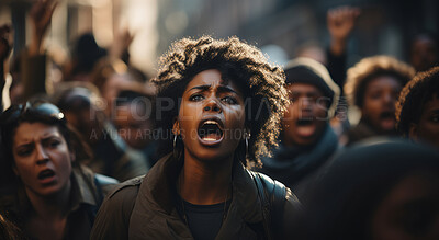 Buy stock photo African american protester shouting in crowd. Human rights. Activism concept.