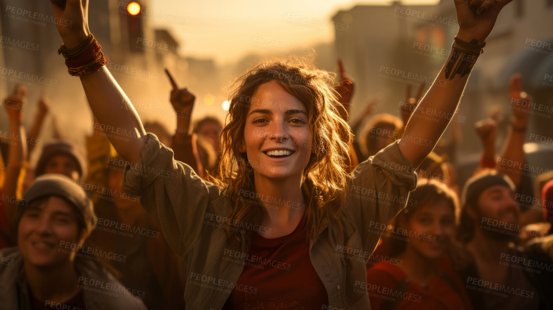 Buy stock photo Happy woman protester in mach. Human rights. Activism concept.