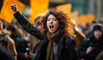 Asian american protester raising fist. Human rights. Activism concept.