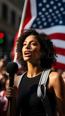 Buy stock photo American protester making speech, holding mic. Human rights. Activism concept.