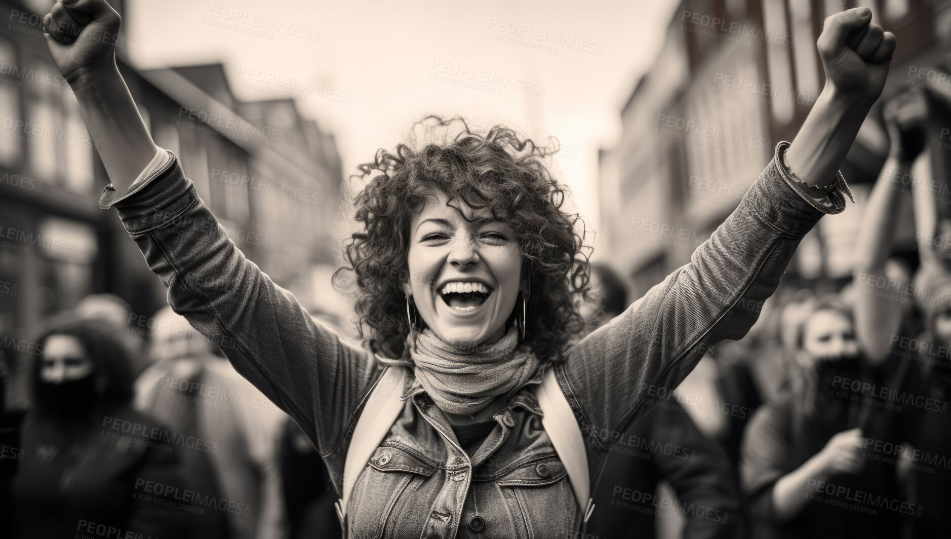 Buy stock photo Happy woman protester raising fist in crowd. Human rights. Activism concept.
