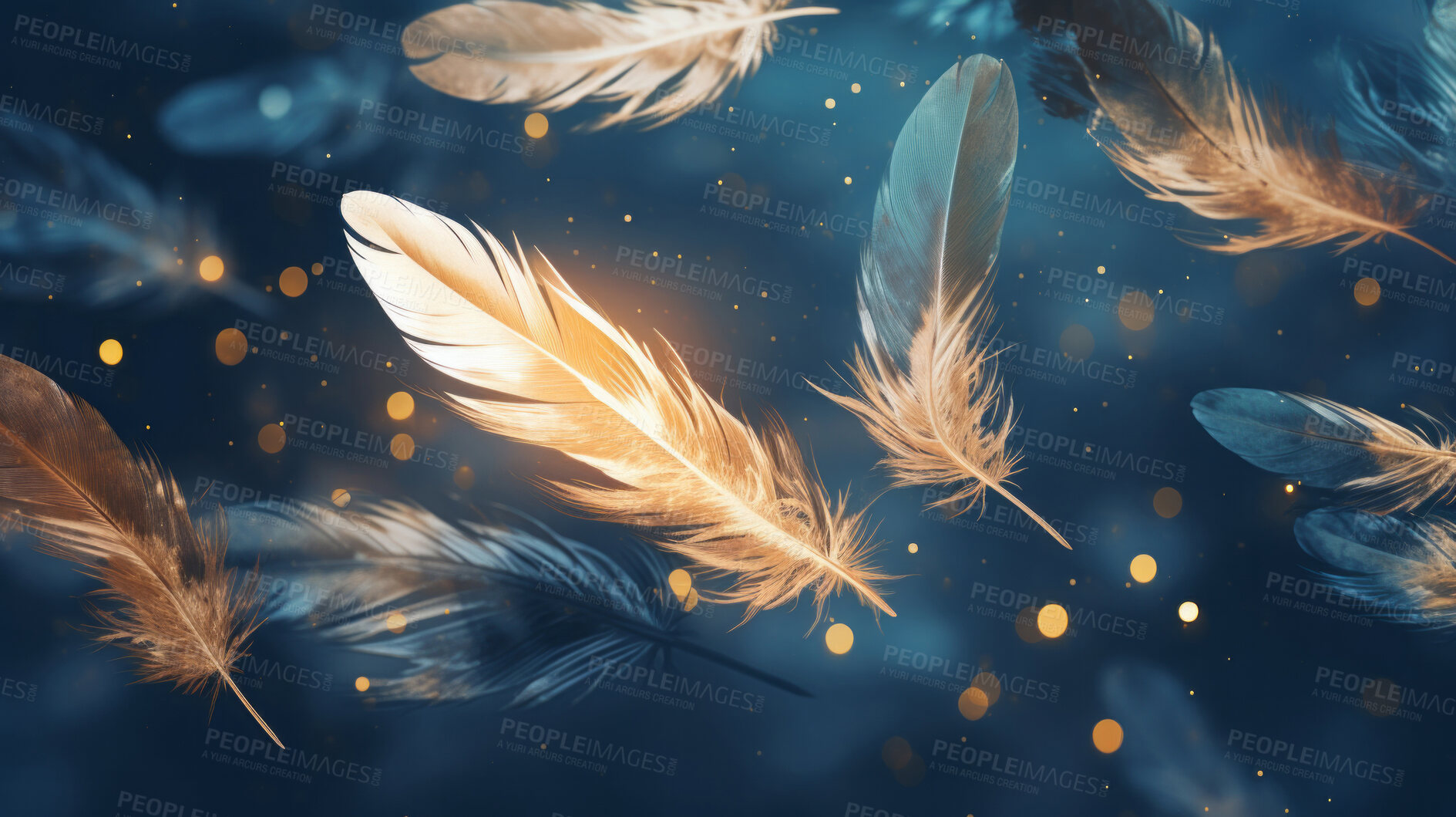 Buy stock photo Feathers falling on dark background. Bokeh banner with copyspace