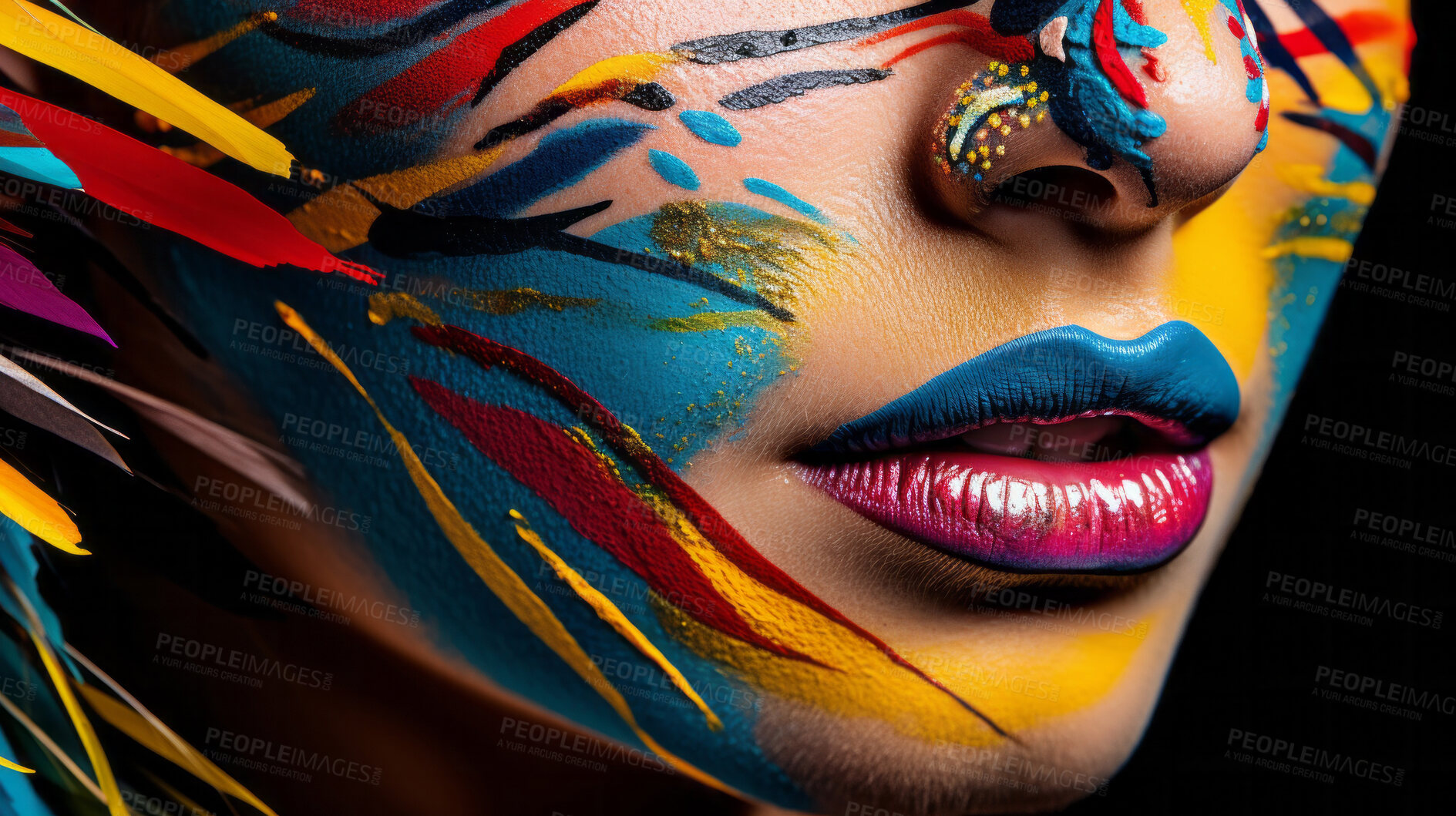 Buy stock photo Closeup colorful makeup or face paint and feathers on model. Creative art background