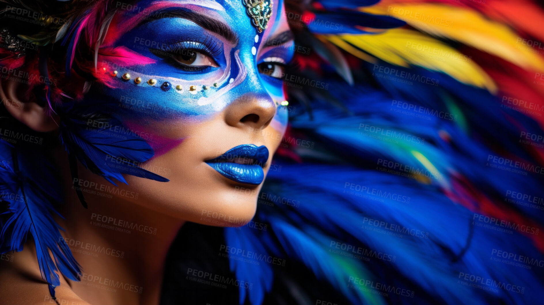 Buy stock photo Closeup colorful makeup or face paint and feathers on model. Creative art background