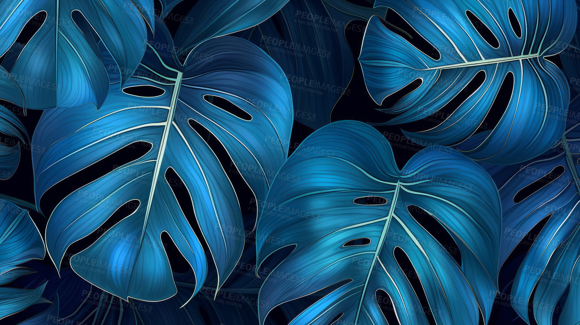 Buy stock photo Blue tropical summer plant leaf seamless pattern. Monstera leaves background illustration.