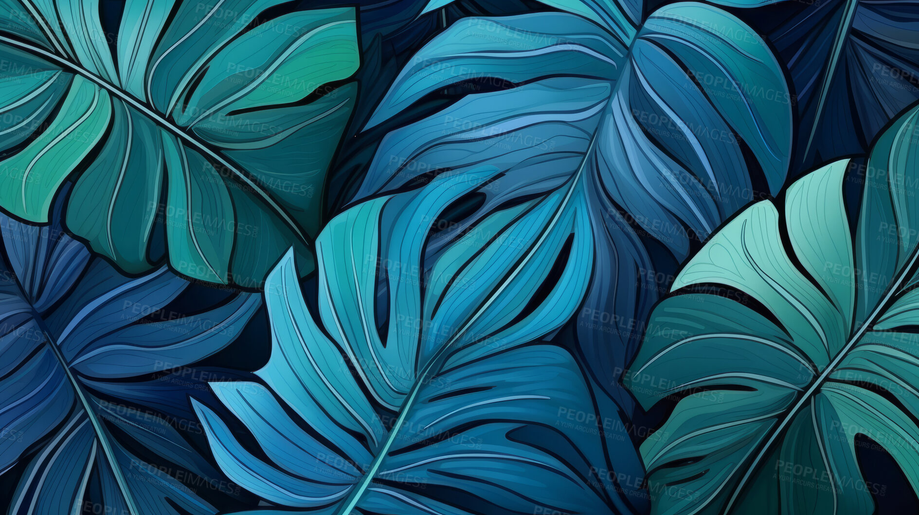 Buy stock photo Blue tropical summer plant leaf seamless pattern. Monstera leaves background illustration.