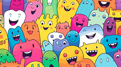 Diverse friendly colorful monster cartoon character seamless pattern illustration.