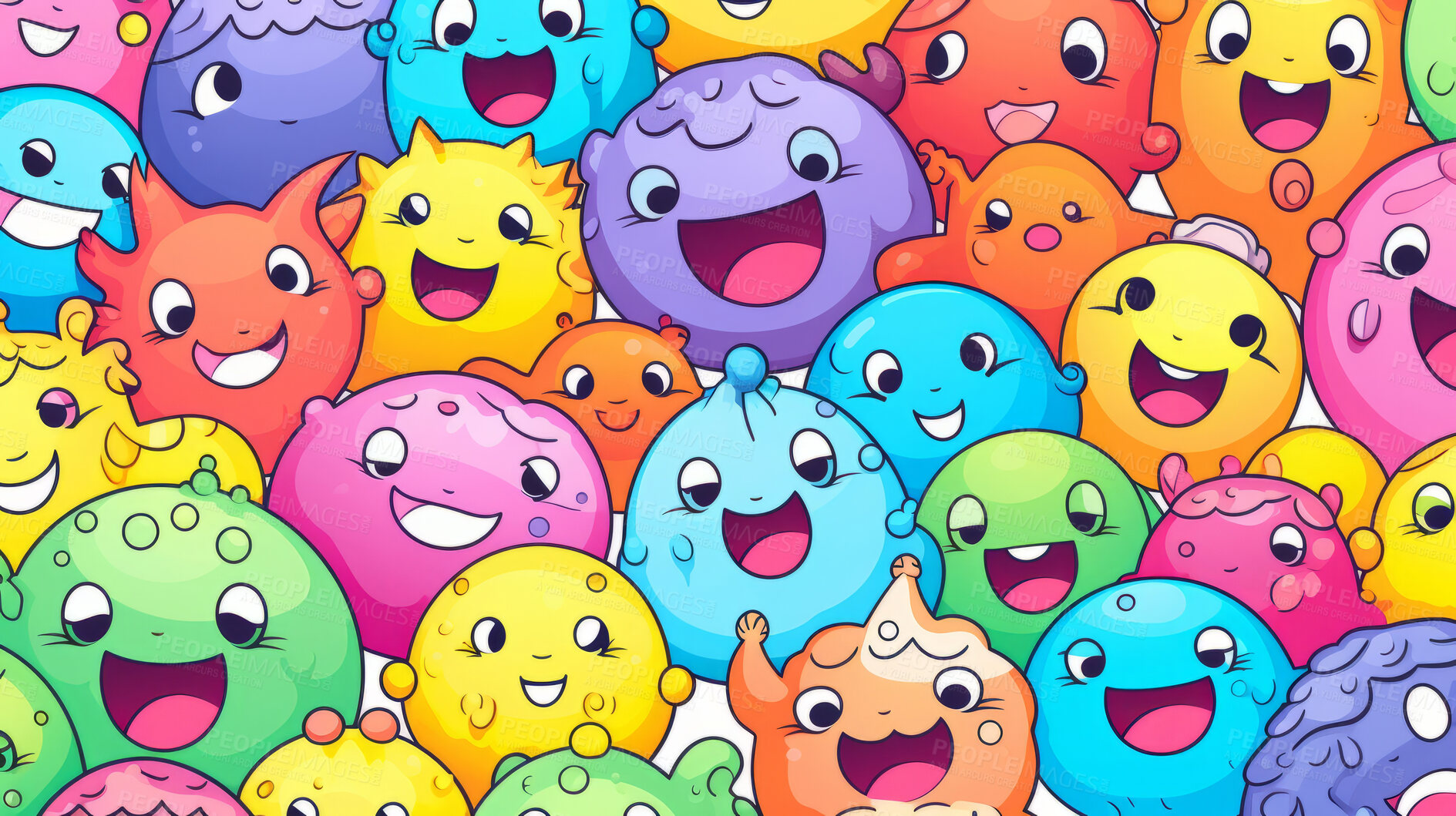 Buy stock photo Diverse friendly colorful monster cartoon character seamless pattern illustration.