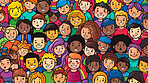 Diverse colorful people crowd seamless illustration. Cartoon characters friendly community