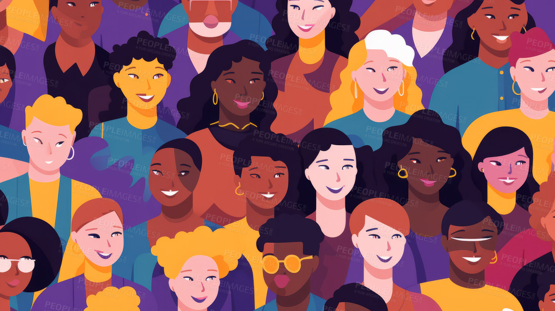 Buy stock photo Diverse colorful people crowd seamless illustration. Cartoon characters friendly community