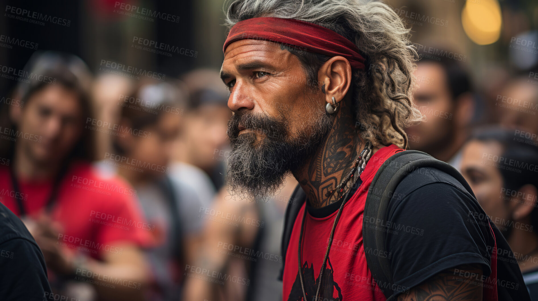 Buy stock photo Portrait of senior, tattooed man in street. Alternative lifestyle concept.