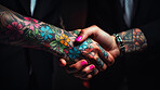 Tattooed arm hand shakes with business man. Alternative business concept.