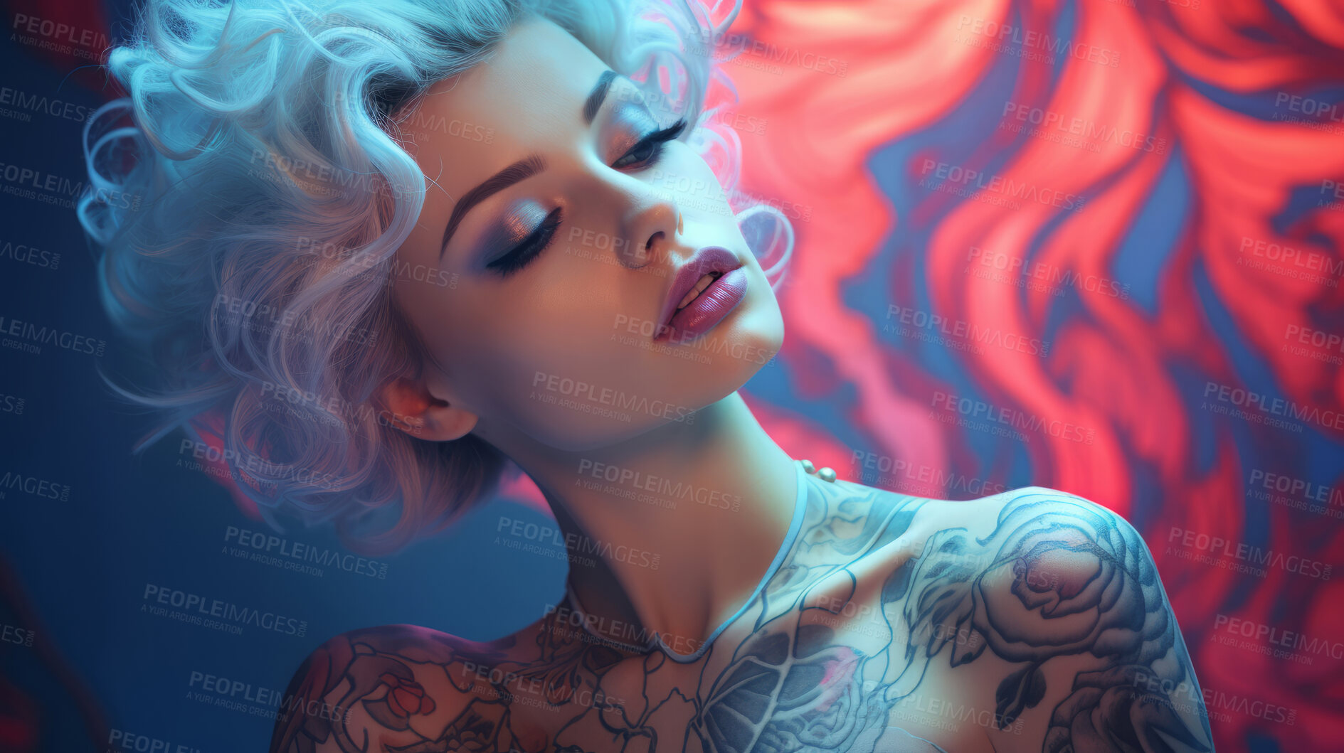 Buy stock photo Attractive tattooed model against backdrop. Alternative beauty concept.