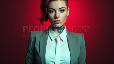 Confident tattooed model wearing business suit. Alternative beauty concept.