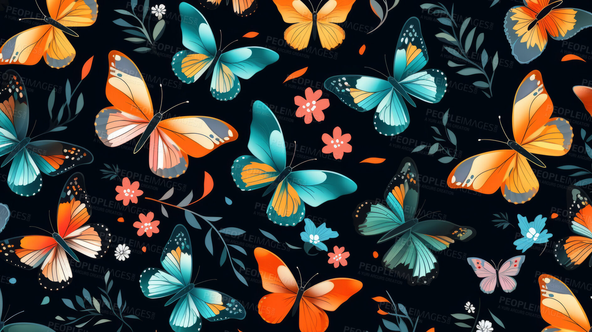 Buy stock photo Seamless pattern with cartoon butterflies. Background wallpaper design concept