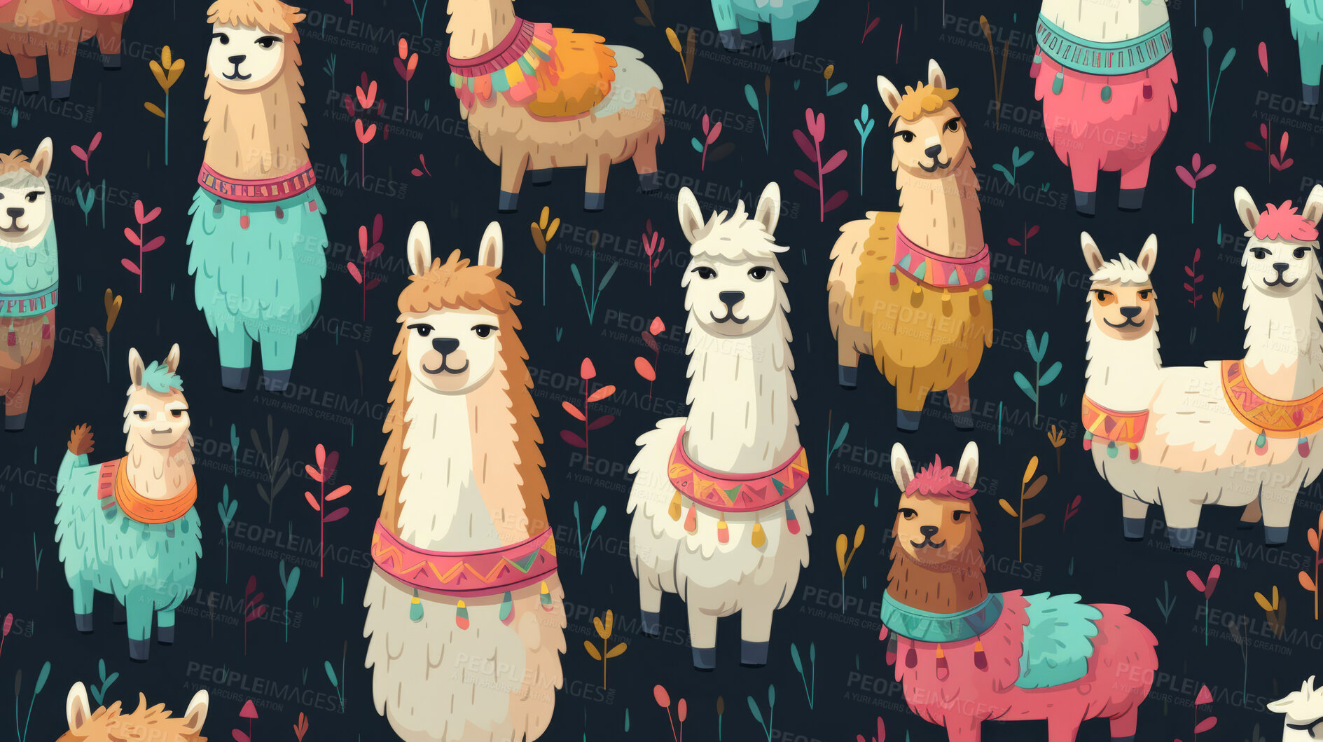 Buy stock photo Seamless pattern with cartoon llamas. Background wallpaper design concept