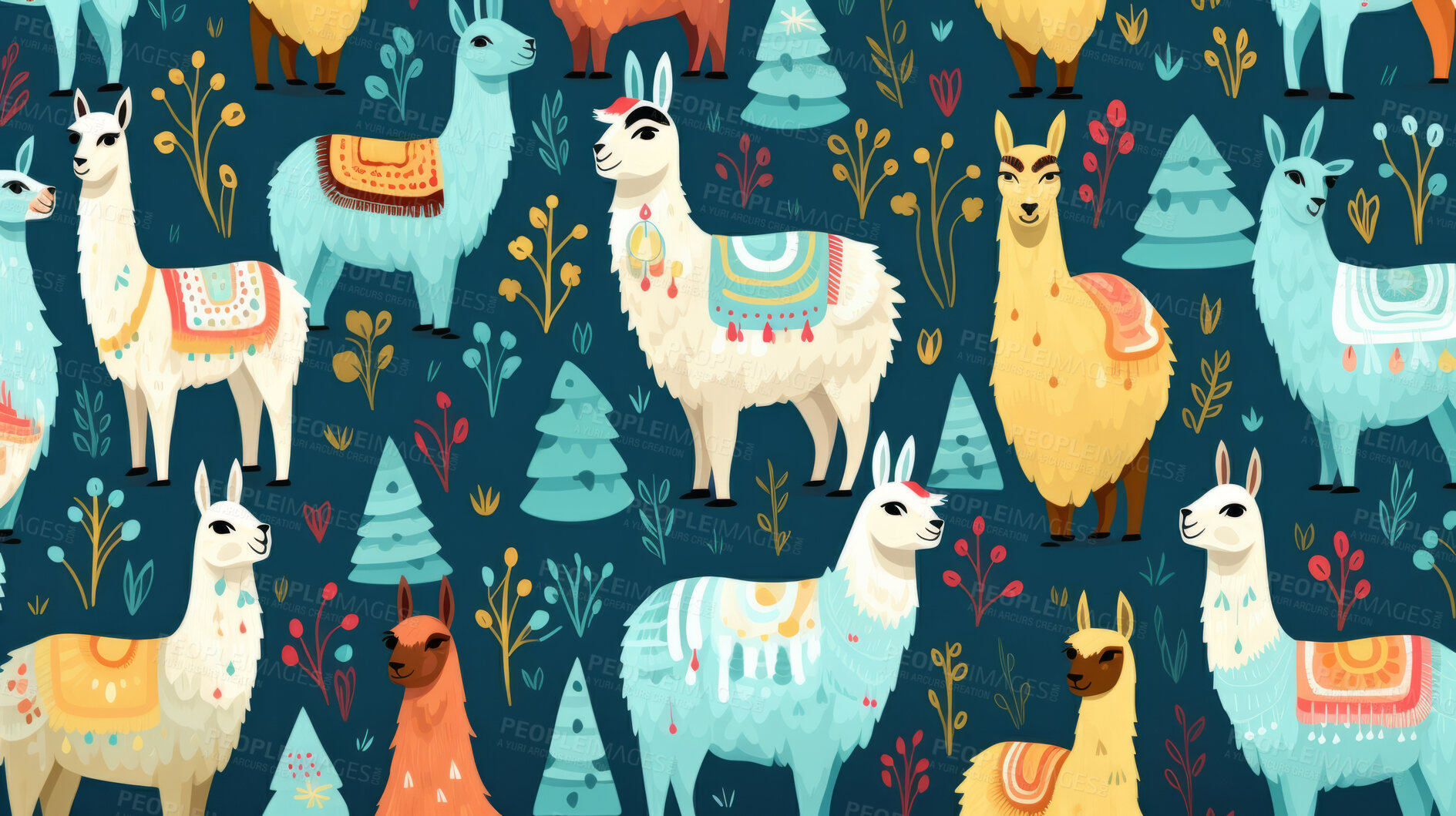 Buy stock photo Seamless pattern with cartoon llamas. Background wallpaper design concept