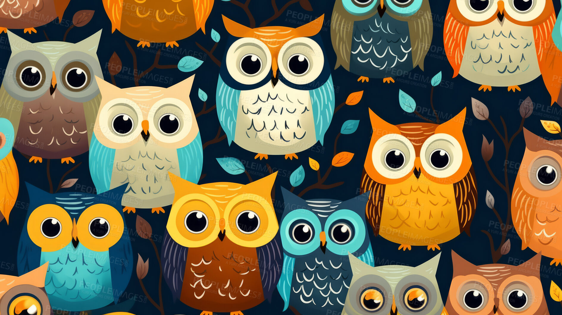 Buy stock photo Seamless pattern with cartoon owls. Background wallpaper design concept