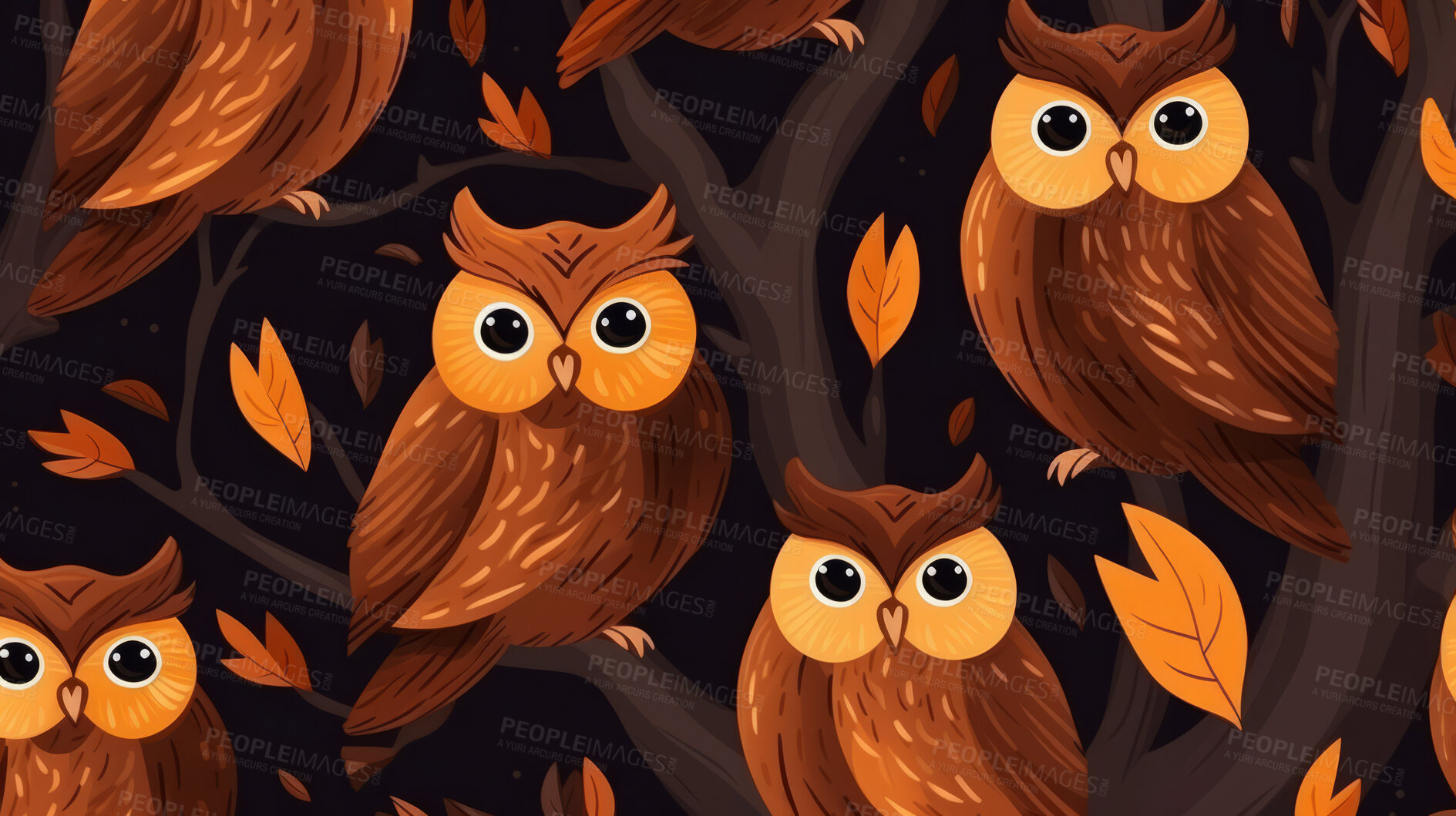 Buy stock photo Seamless pattern with cartoon owls. Background wallpaper design concept