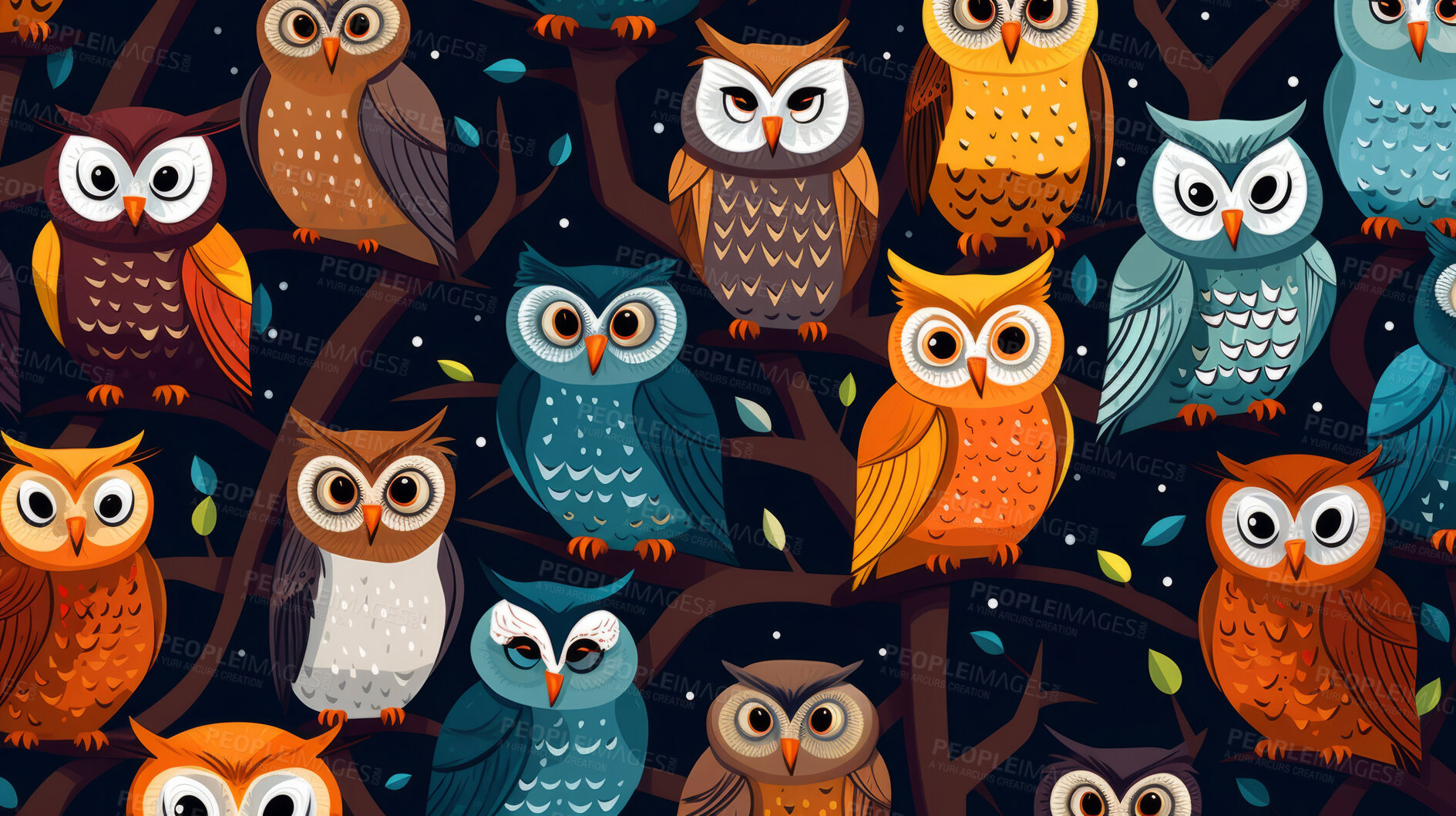 Buy stock photo Seamless pattern with cartoon owls. Background wallpaper design concept