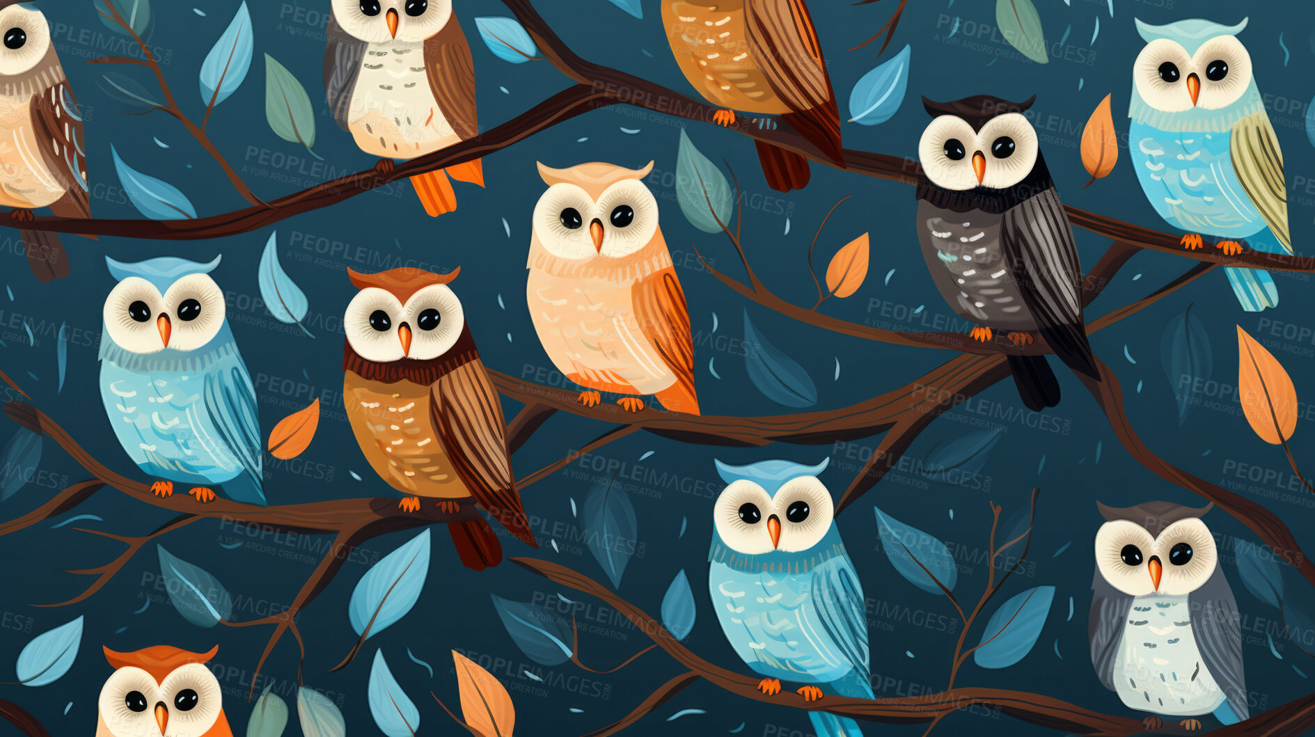 Buy stock photo Seamless pattern with cartoon owls. Background wallpaper design concept