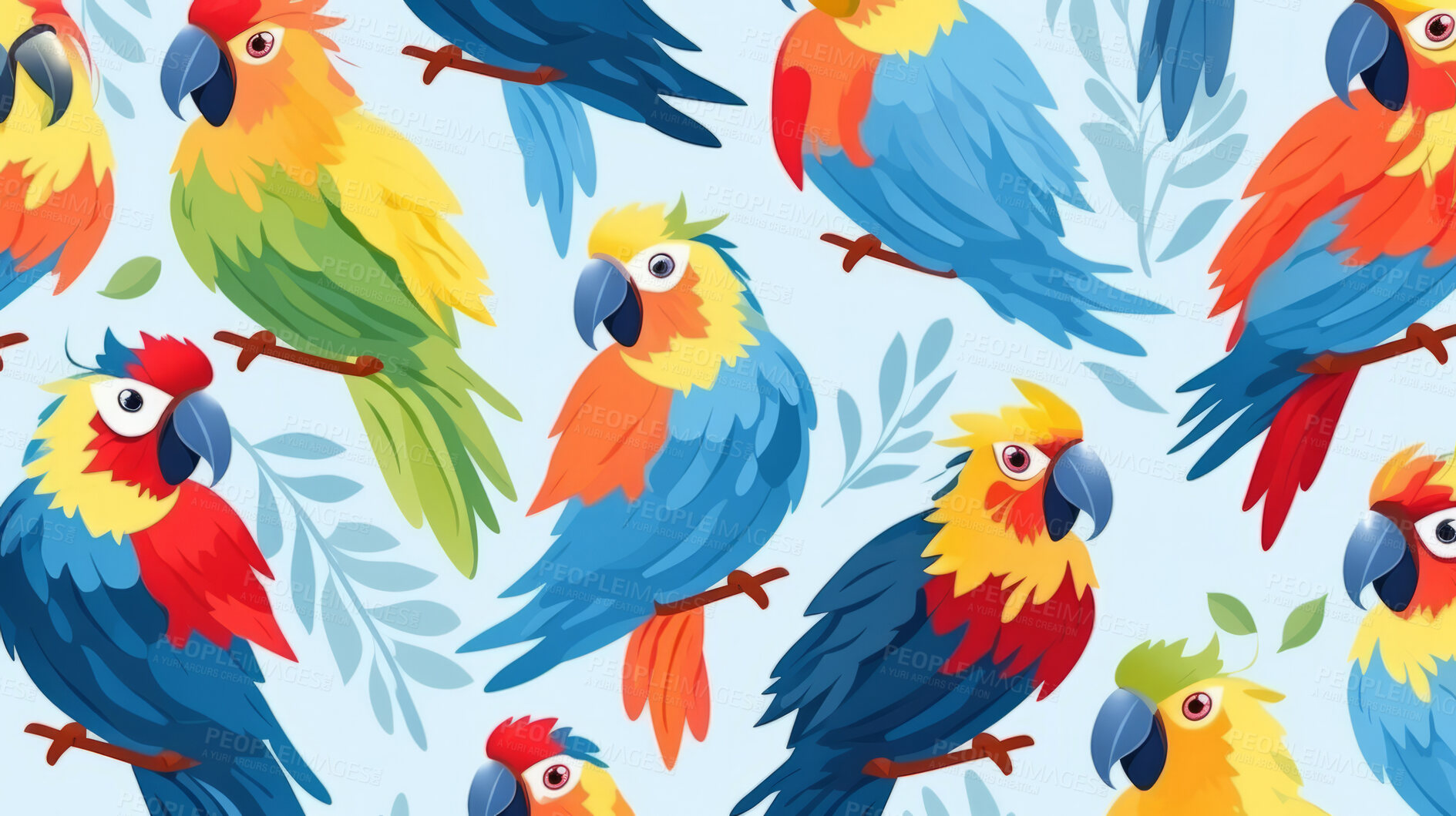 Buy stock photo Seamless pattern with cartoon parrots. Background wallpaper design concept