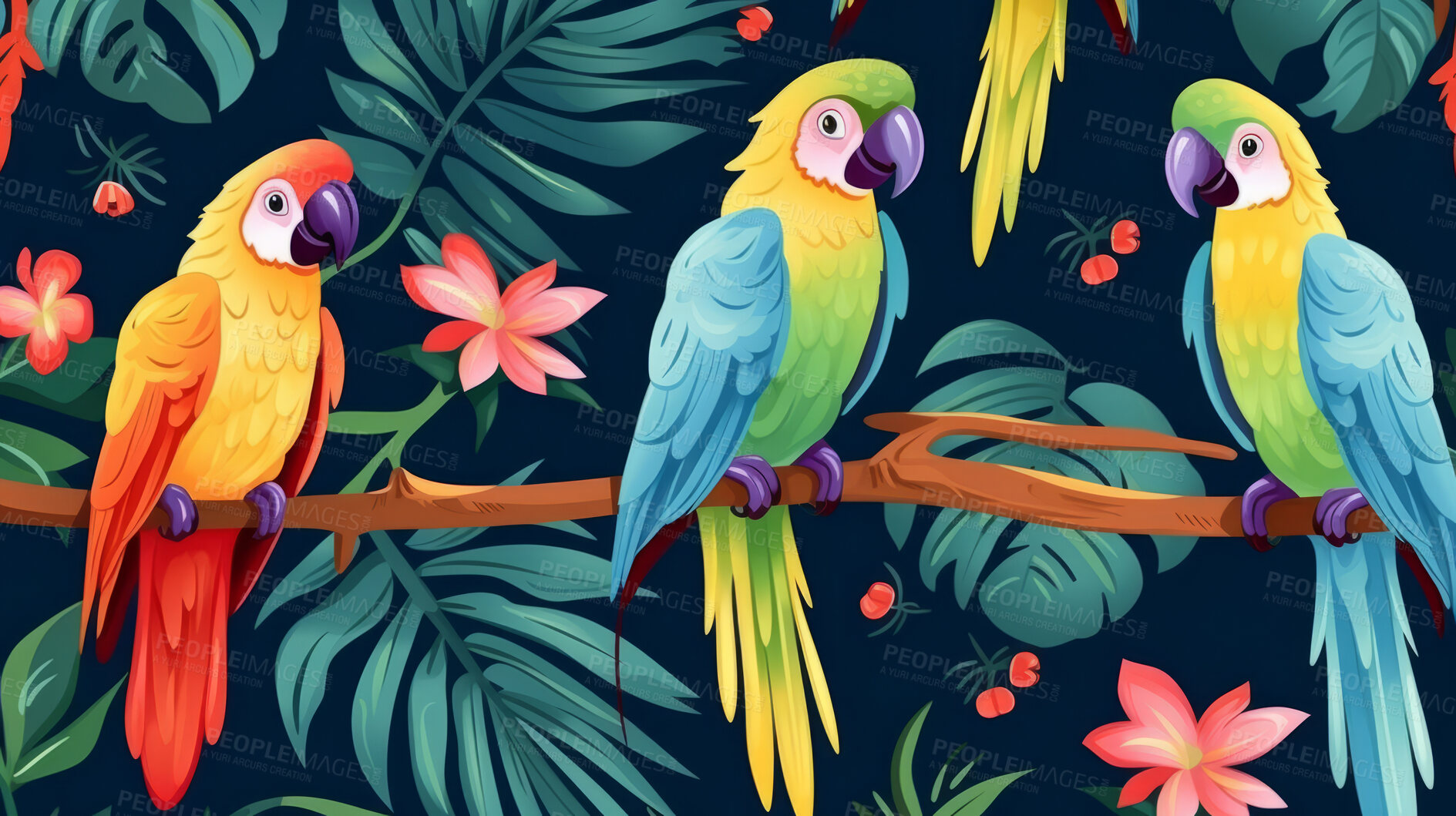 Buy stock photo Seamless pattern with cartoon parrots. Background wallpaper design concept