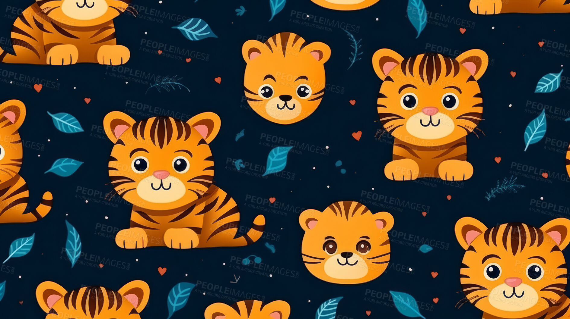 Buy stock photo Seamless pattern with cartoon tigers. Background wallpaper design concept