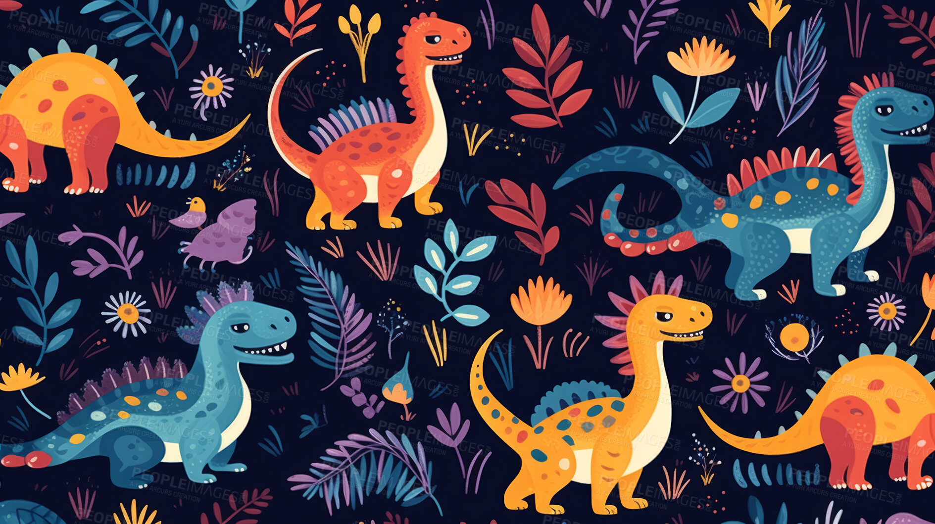 Buy stock photo Seamless pattern with cartoon dinosaurs. Background wallpaper design concept