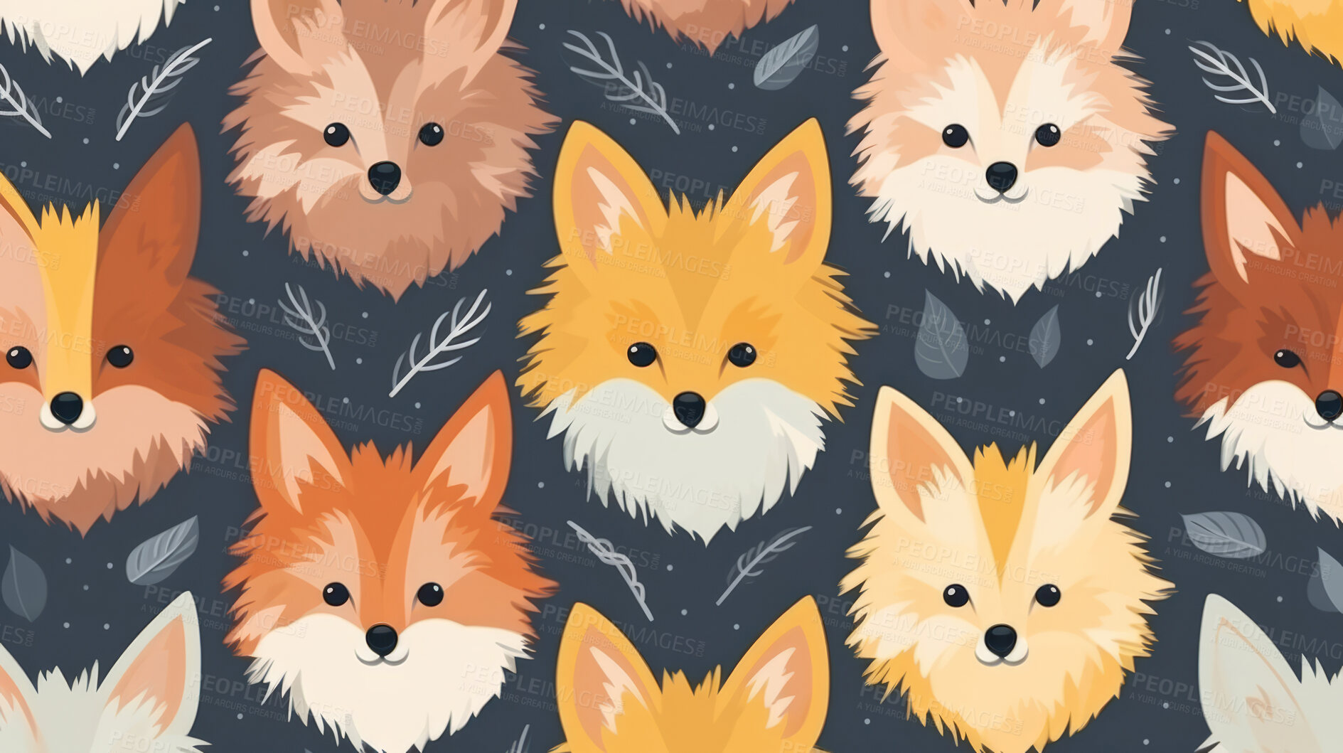 Buy stock photo Seamless pattern with cartoon woodland foxes. Background wallpaper design concept